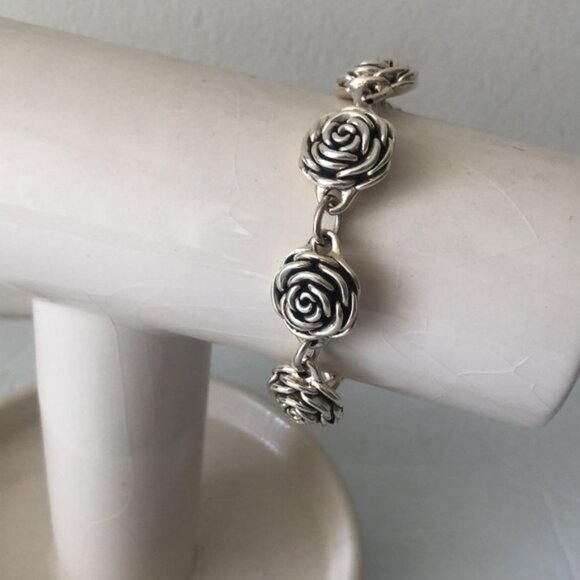 Antiqued Rose Flower Sterling Silver 925 Electroform Floral Link Bracelet - Picture 13 of 15